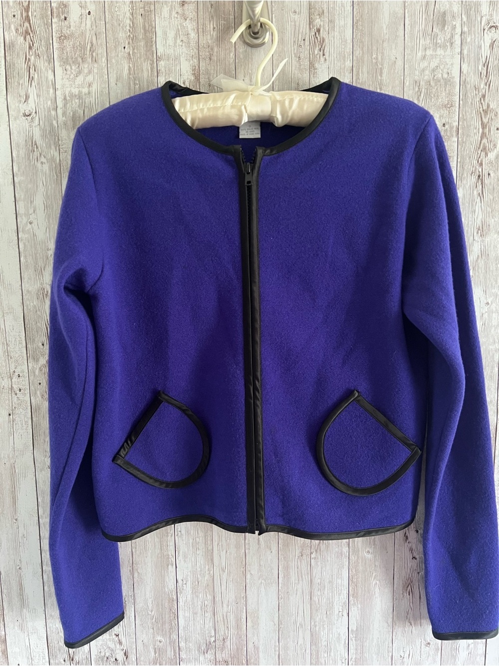 Doncaster Vintage  Purple  Blue Zip-Front Cardigan Black Satin Trim Small